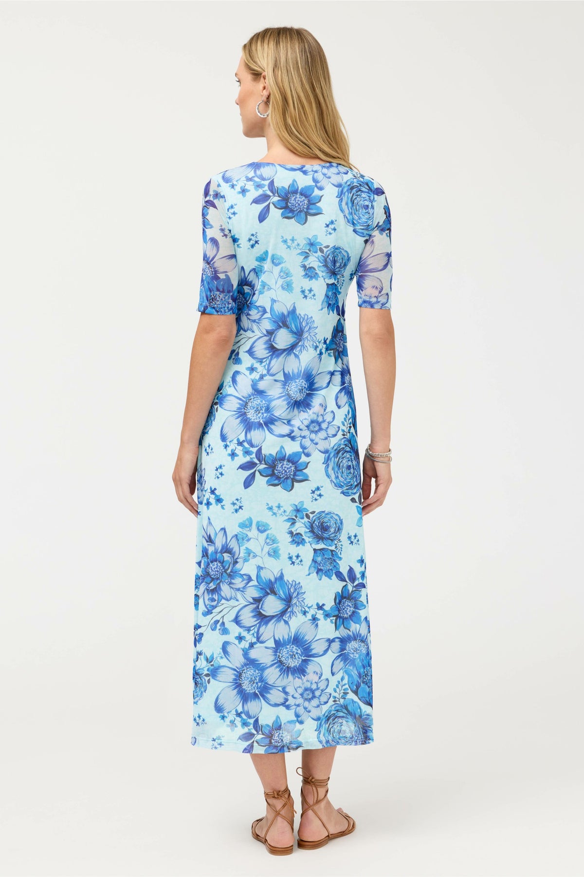 ELBOW SLEEVE V-NECK MESH MIDI DRESS