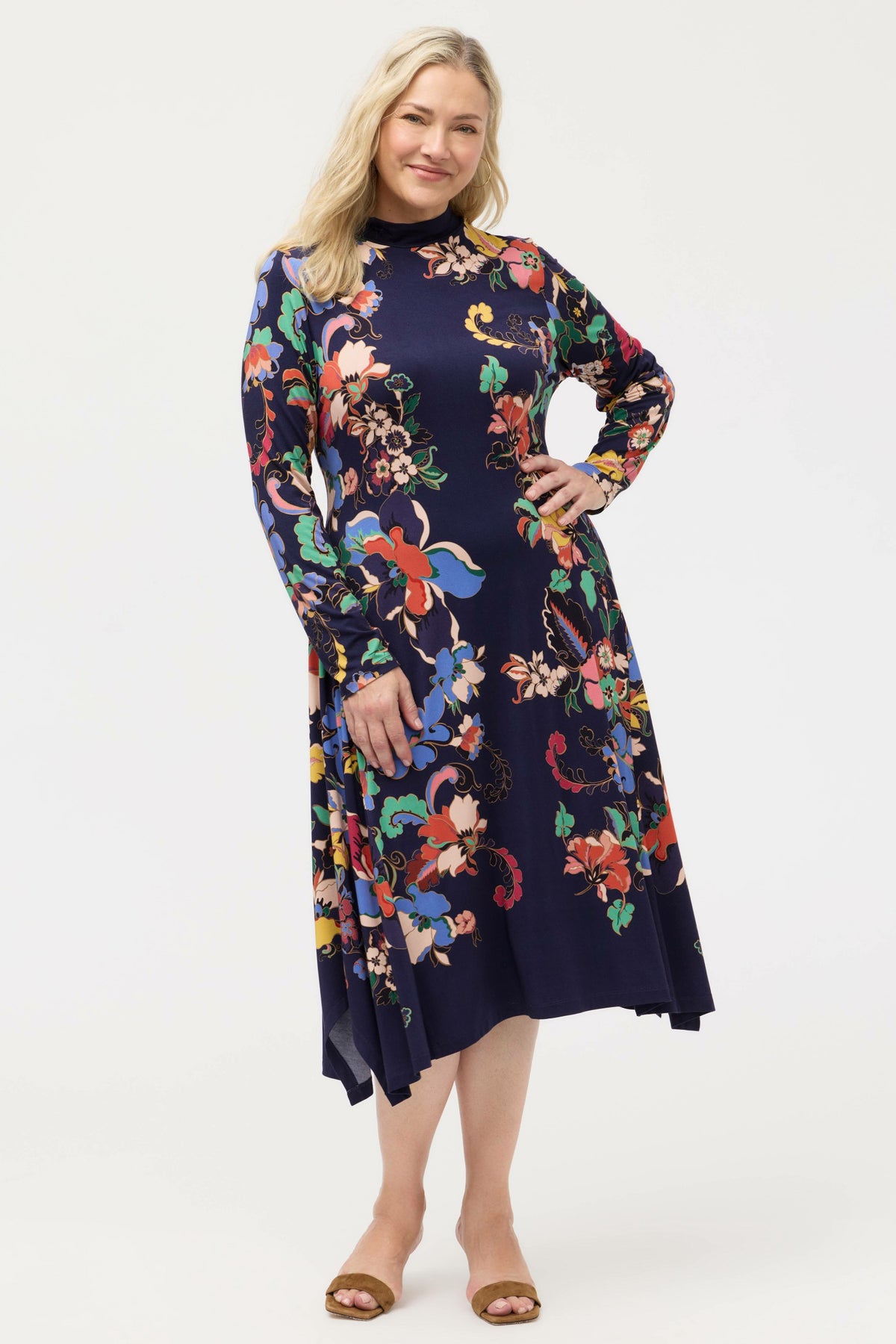 THE JANIE FAVORITE HANKERCHIEF HEM MOCK NECK DRESS