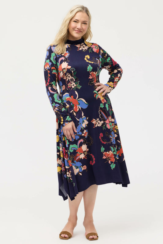 THE JANIE FAVORITE HANKERCHIEF HEM MOCK NECK DRESS