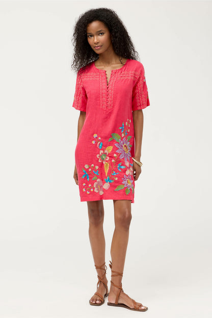 SEAMED BUTTON NECK LINEN DRESS