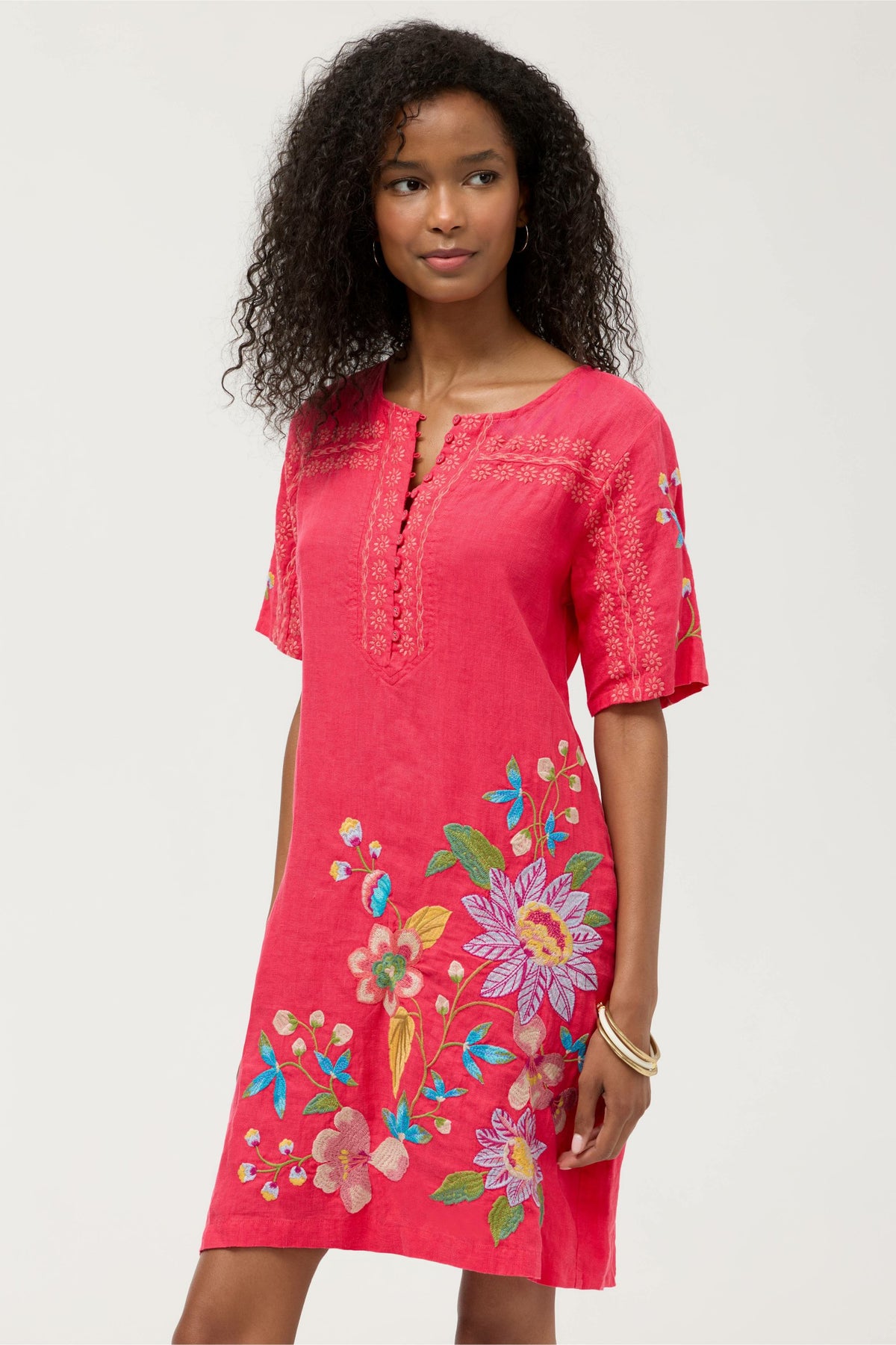 SEAMED BUTTON NECK LINEN DRESS