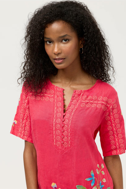 SEAMED BUTTON NECK LINEN DRESS