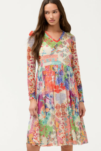 LONG SLEEVE V-NECK MESH SINGLE TIER DRESS