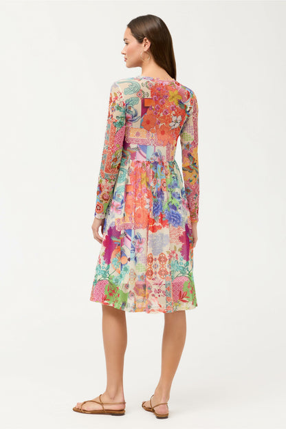 LONG SLEEVE V-NECK MESH SINGLE TIER DRESS