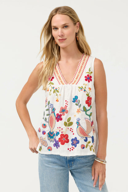 V-NECK SHIRRED LINEN TANK