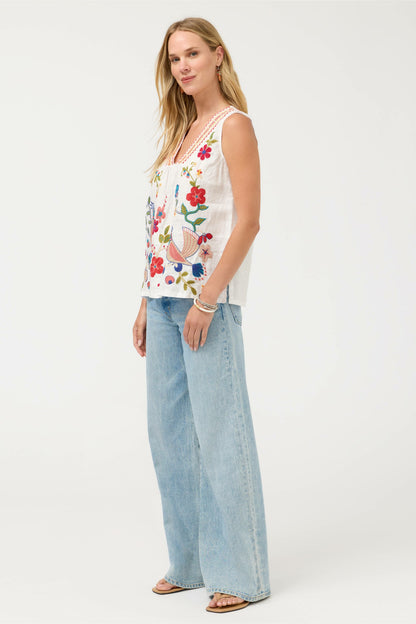 V-NECK SHIRRED LINEN TANK
