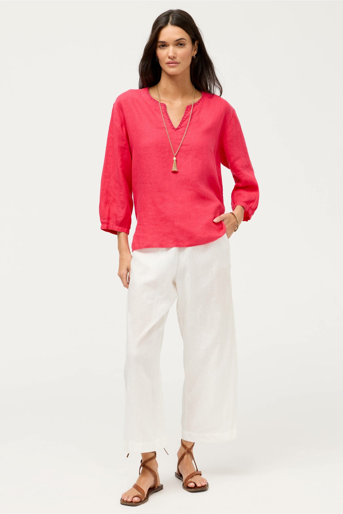 SPLIT NECK LINEN BLOUSE