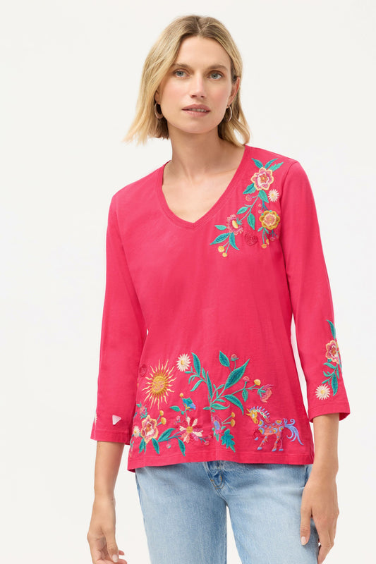 3/4 SLEEVE TRAPUNTO V-NECK TEE