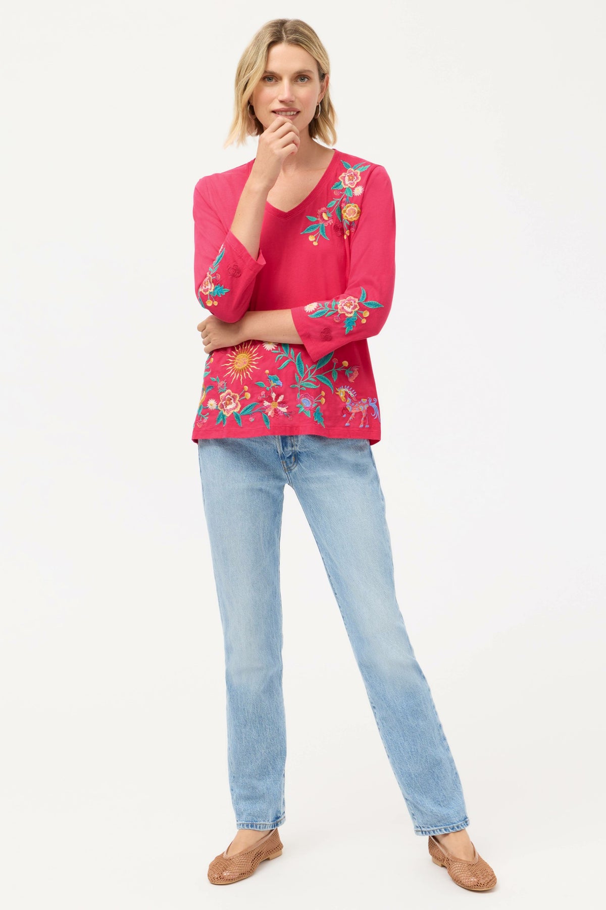 3/4 SLEEVE TRAPUNTO V-NECK TEE