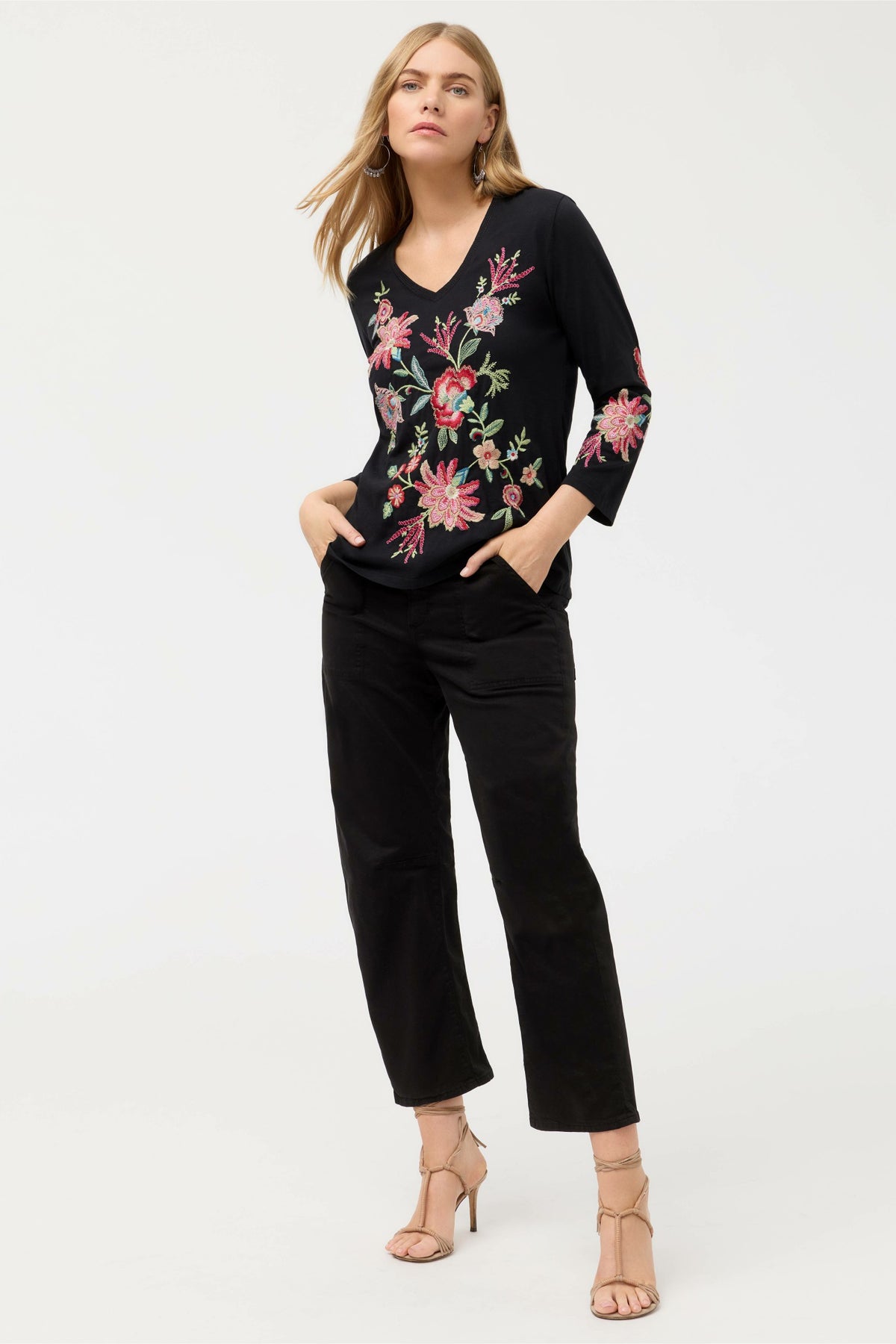 3/4 SLEEVE TRAPUNTO V-NECK TEE