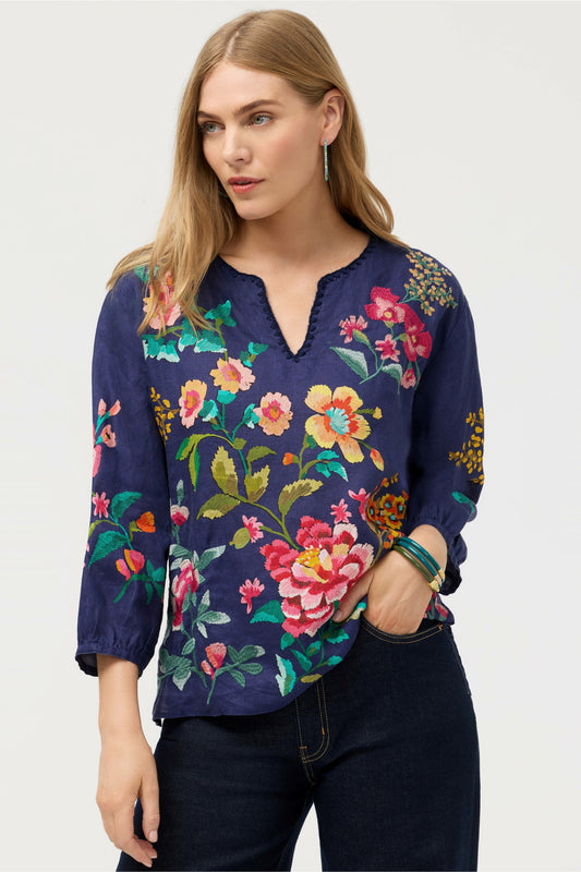 SPLIT NECK LINEN BLOUSE