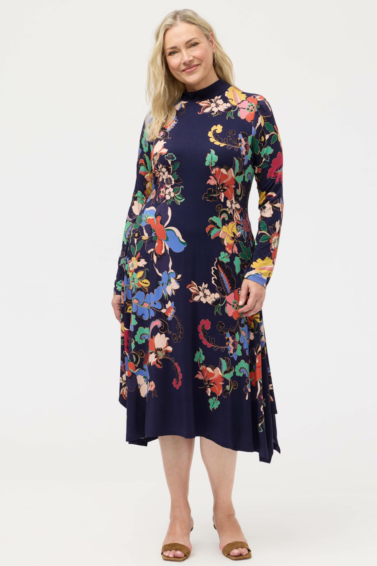 THE JANIE FAVORITE HANKERCHIEF HEM MOCK NECK DRESS