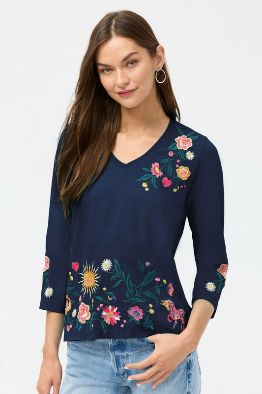 3/4 SLEEVE TRAPUNTO V-NECK TEE