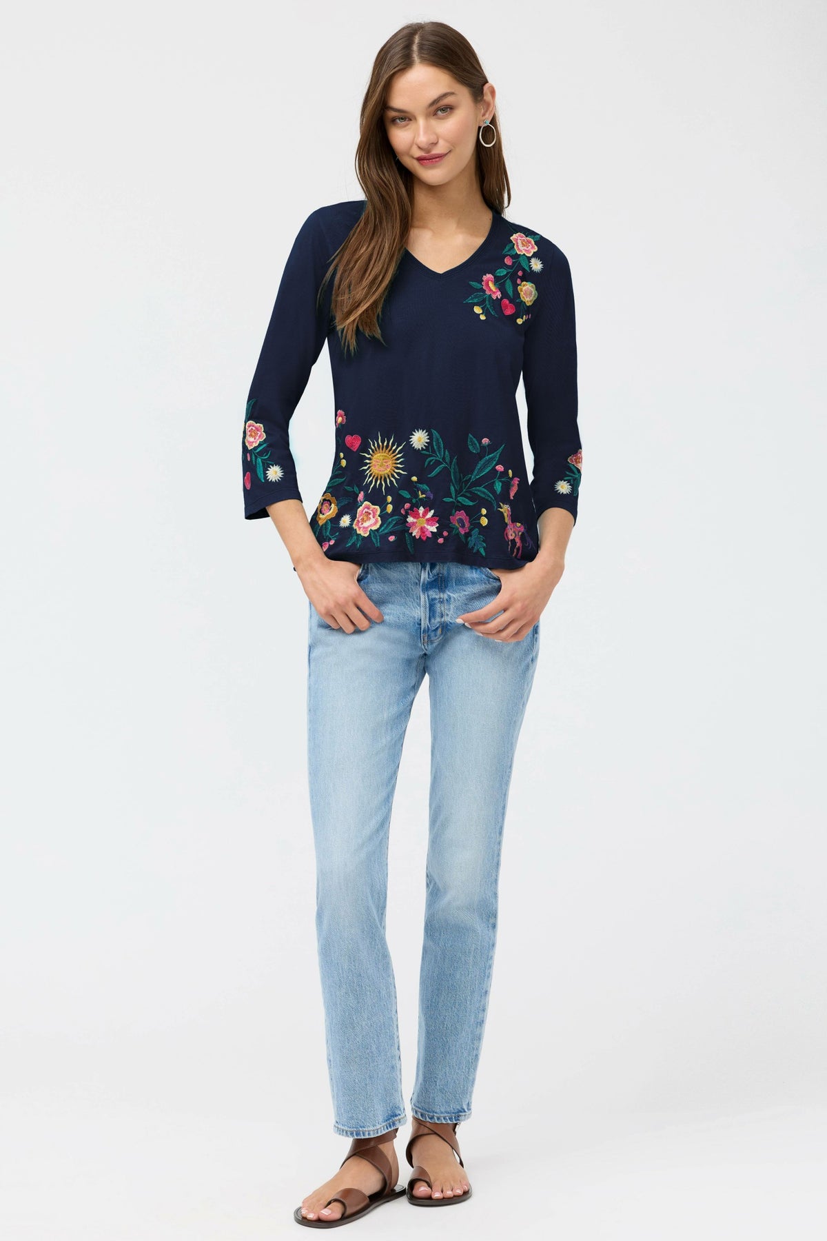 3/4 SLEEVE TRAPUNTO V-NECK TEE