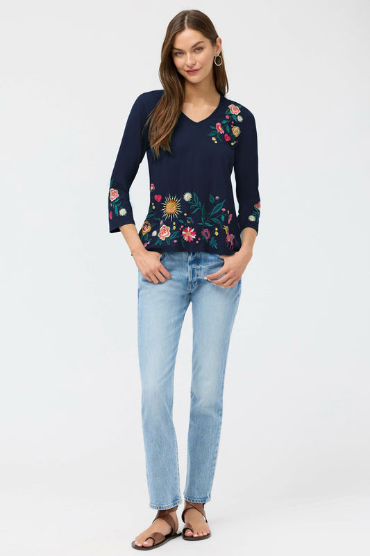 3/4 SLEEVE TRAPUNTO V-NECK TEE