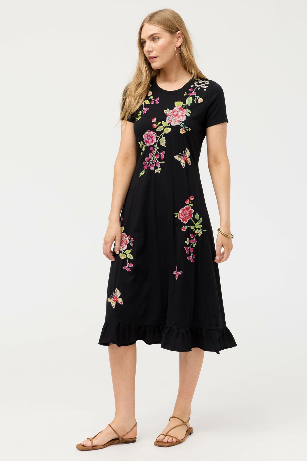 ELBOW SLEEVE RUFFLE DRESS